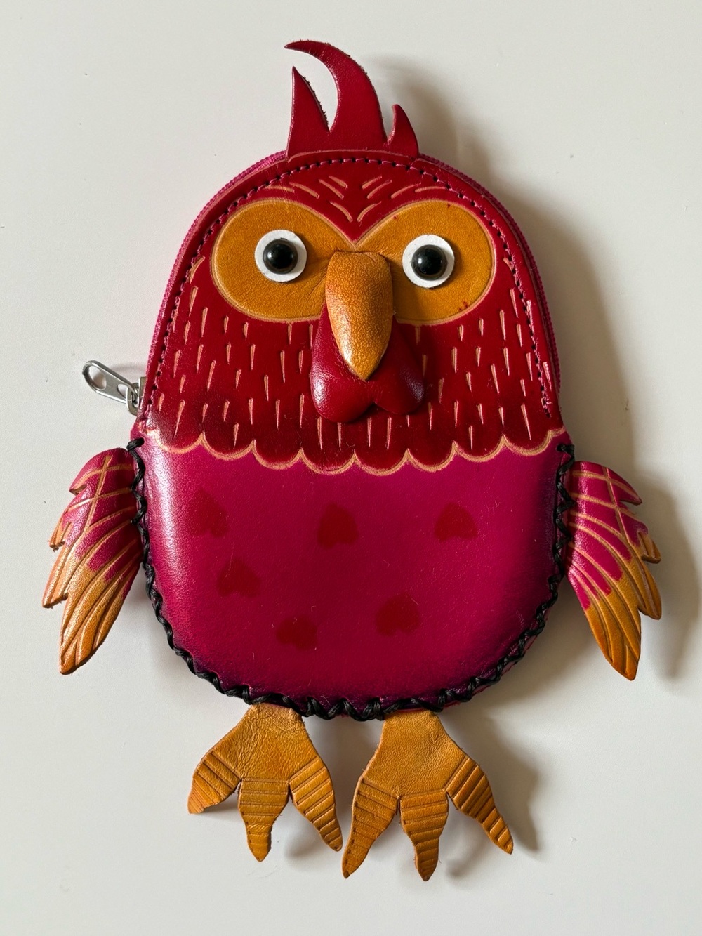 Handmade Leather Rooster Bird Coin Purse Wallet Red Pink Owl Boho Zip Wallet